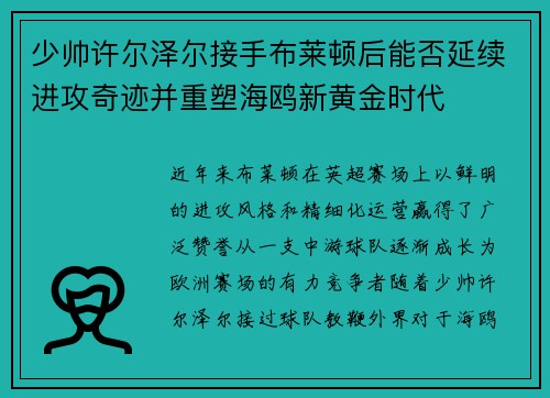 少帅许尔泽尔接手布莱顿后能否延续进攻奇迹并重塑海鸥新黄金时代