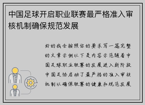 中国足球开启职业联赛最严格准入审核机制确保规范发展 中国足球开启职业联赛最严格准入审核机制确保规范发展