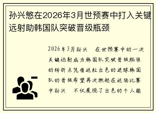 孙兴慜在2026年3月世预赛中打入关键远射助韩国队突破晋级瓶颈
